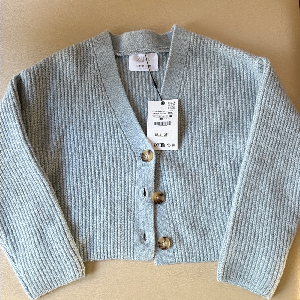 Zara girls button down cropped cardigan sweater blue 9-10 NWT